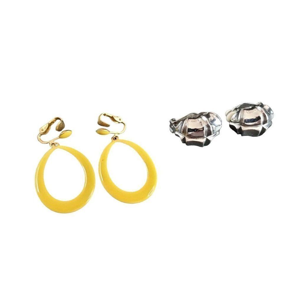 Vintage Jewelry Clip-on Earrings Lot of 2 - Silver Tone & Yellow Enamel